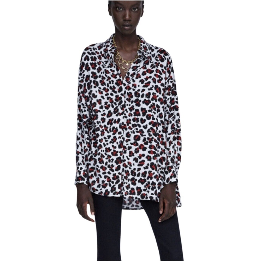 Zara XS Oversized Animal Print Button‎ Down Shirt